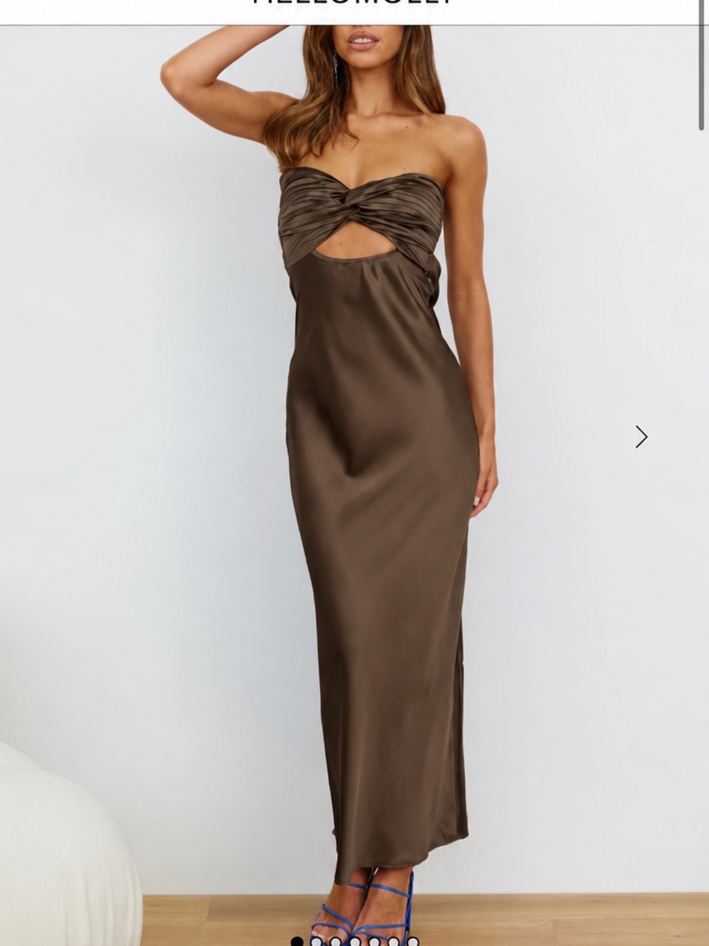Hello Molly Strapless Twist Cutout Satin Maxi Dress - Brown